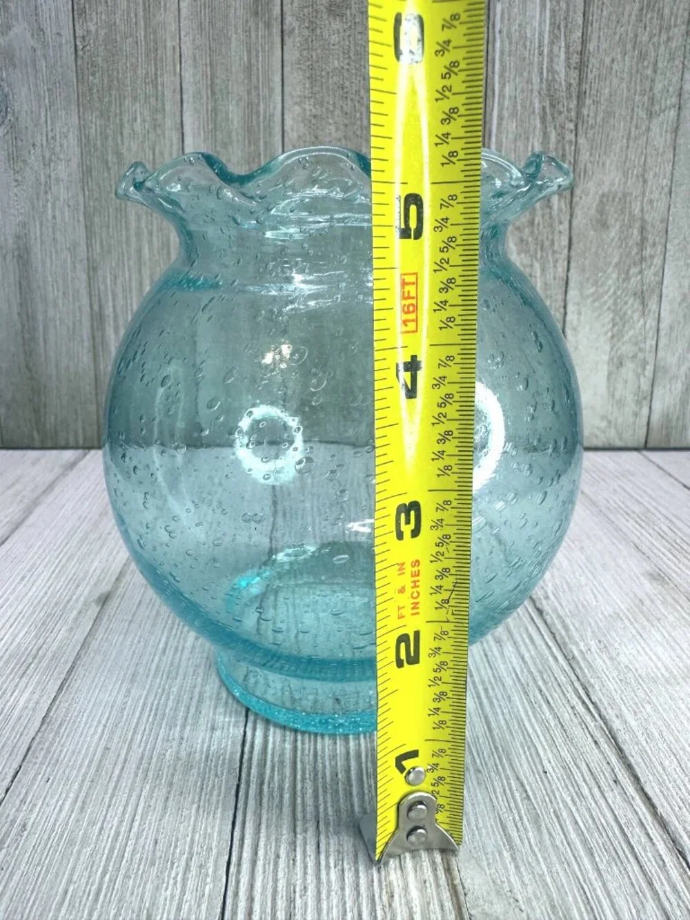 Vtg Light Blue Bubble Glass Vase with Ruffled Lip 5